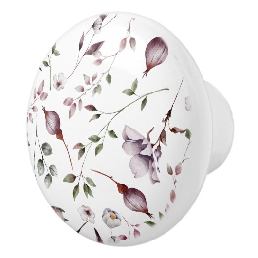 Witte Paarse toppen bladeren Waterverf bloemmotief Keramische Knop (Rechts)