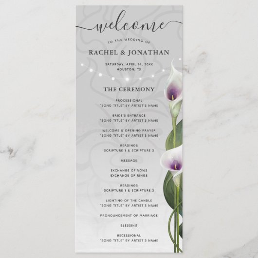 Witte Paarse Waterverf Calla Lily Weddenschap Programmakaart (Voorkant)