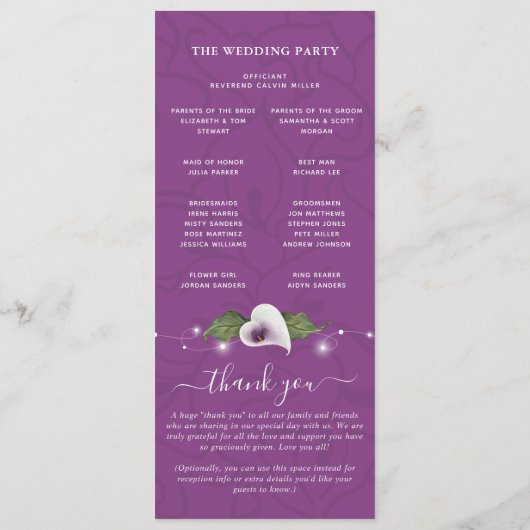 Witte Paarse Waterverf Calla Lily Weddenschap Programmakaart (Achterkant)