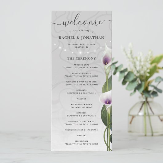 Witte Paarse Waterverf Calla Lily Weddenschap Programmakaart (Staand voorkant)