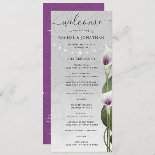 Witte Paarse Waterverf Calla Lily Weddenschap Programmakaart (Voorkant / Achterkant)