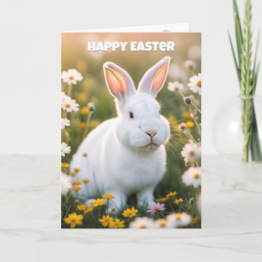 Witte paashaas in madeliefjes feestdagen kaart (Voorkant)