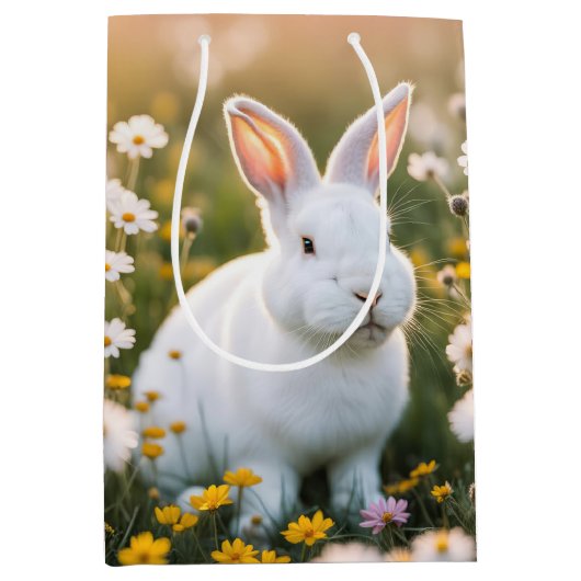 Witte paashaas in madeliefjes medium cadeauzakje (Voorkant)