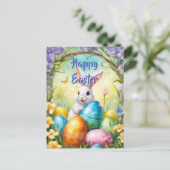 Witte paashaas met kleurrijke eieren briefkaart (Staand voorkant)