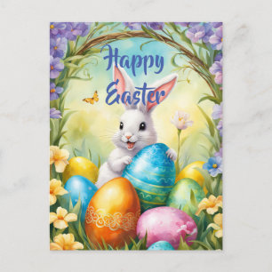 Witte Paashaas met Kleurrijke Eieren Briefkaart