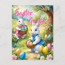 Witte paaskonijnen met kleurrijke eieren briefkaart