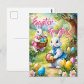 Witte paaskonijnen met kleurrijke eieren briefkaart (Voorkant / Achterkant)