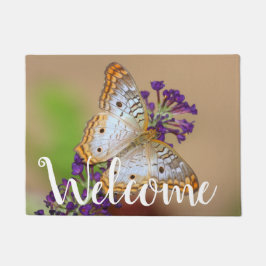 Witte pacock Butterfly op paarse bloemen Deurmat