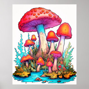 Witte Paddenstoelen Achtergrond Muur Poster