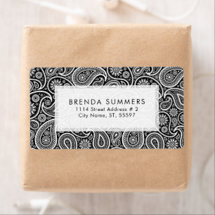 Witte Paisley Aangepaste Zwarte Achtergrond Etiket