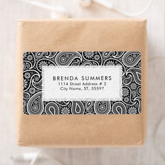 Witte Paisley Aangepaste Zwarte Achtergrond Etiket (Insitu)