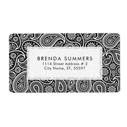 Witte Paisley Aangepaste Zwarte Achtergrond Etiket (Voorkant)