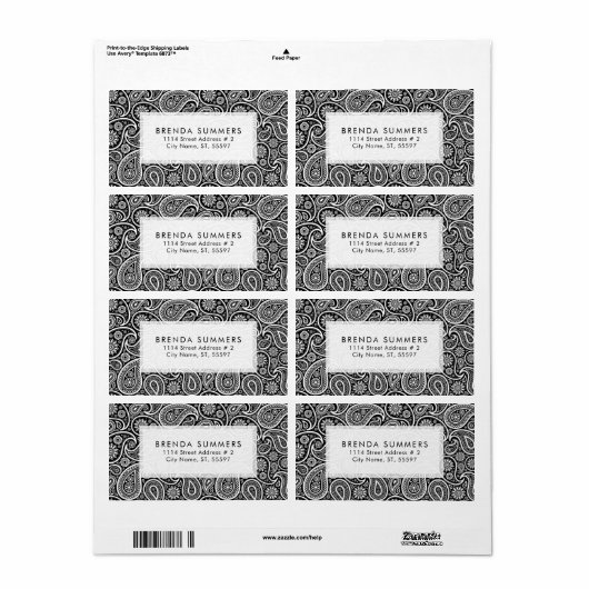 Witte Paisley Aangepaste Zwarte Achtergrond Etiket (Full Sheet)