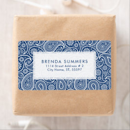 Witte Paisley Custom Navy Blue achtergrond Etiket