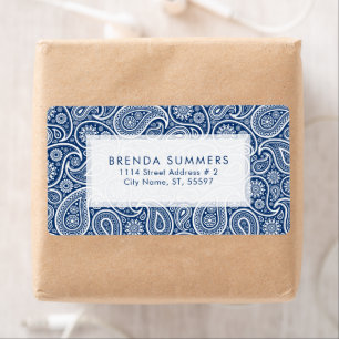 Witte Paisley Custom Navy Blue achtergrond Etiket