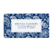 Witte Paisley Custom Navy Blue Achtergrond Etiket (Voorkant)