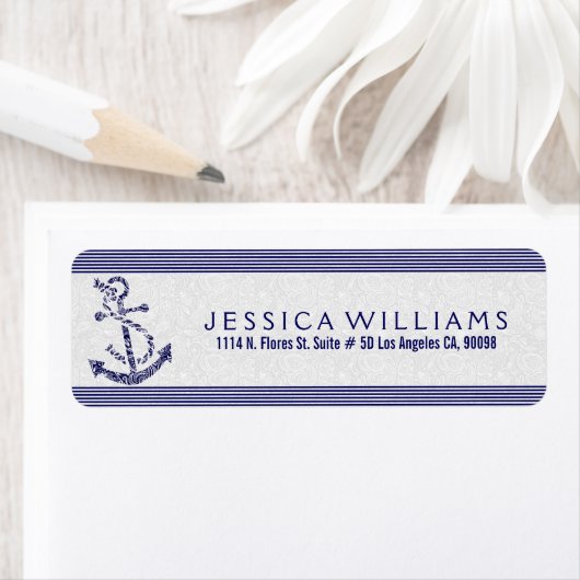 Witte Paisley met marineblauw nautisch anker Etiket (Insitu)