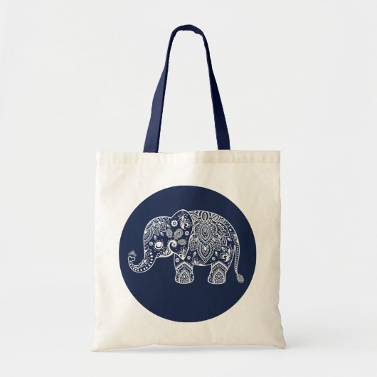 Witte Paisley olifant illustratie op blauwe cirkel Tote Bag (Voorkant)