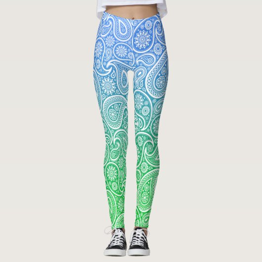 Witte paisley op blauw tot groen ombre leggings (Voorkant)