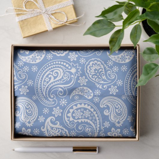 Witte  Paisley op blauwe achtergrond Tissuepapier (Geschenk)