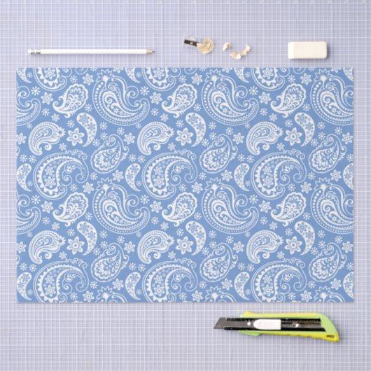 Witte  Paisley op blauwe achtergrond Tissuepapier (Craft)