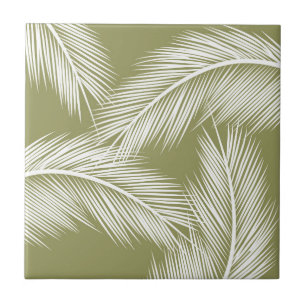 Witte palmbladeren op groene achtergrond tegeltje
