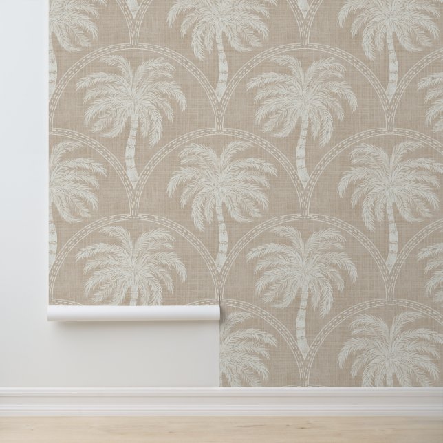 Witte palmbomen op beige kust tropische bogen behang (Applicatie)