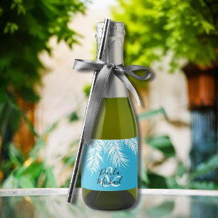 Witte palmbomen op tropisch blauw mini sparkling wijnetiket
