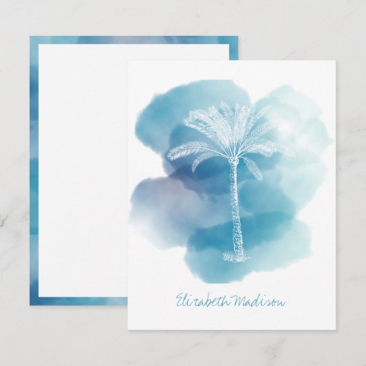 Witte Palmboom op Blauwe Waterverf Gepersonaliseer Notitiekaartje (Voorkant / Achterkant)