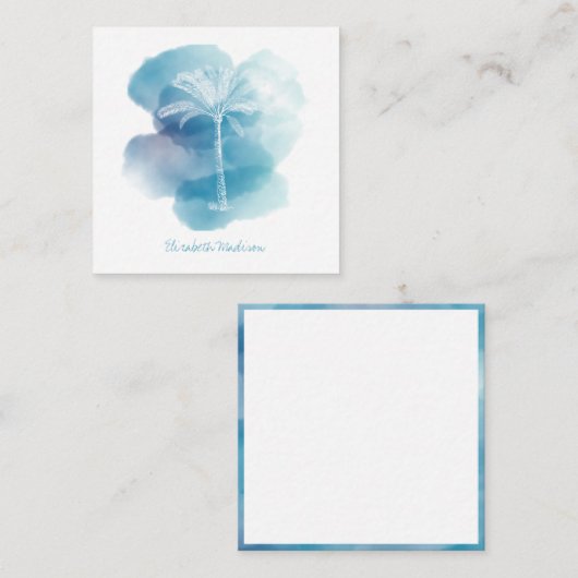 Witte Palmboom op Blauwe Waterverf Gepersonaliseer Notitiekaartje (Voorkant / Achterkant)