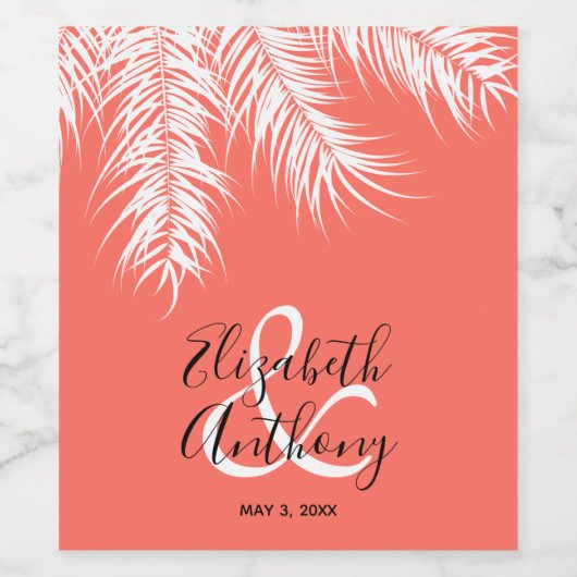 Witte palmen op levende koraal achtergrond bruilof wijn etiket (Enkel label)