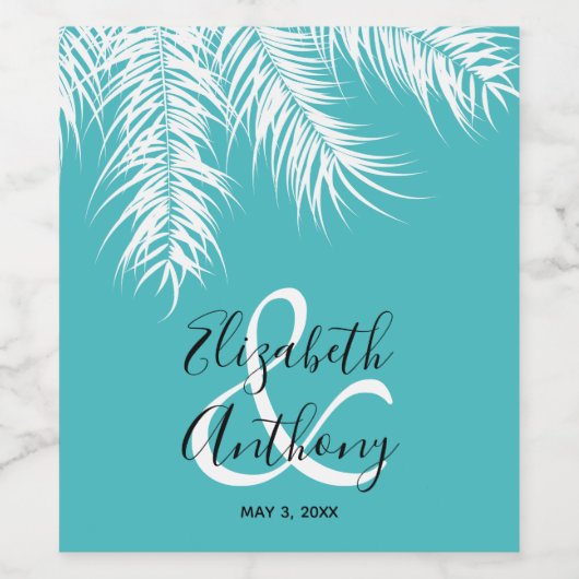 Witte palmen op turquoise achtergrond bruiloft wijn etiket (Enkel label)