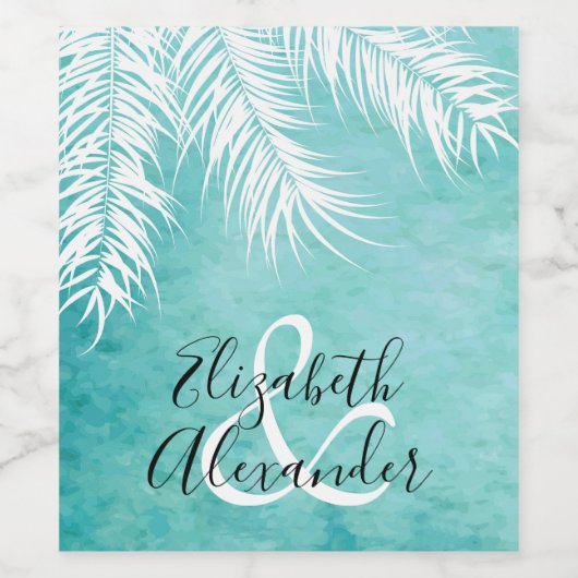 Witte palmen op Turquoise Wedding Persoonlijk Wijn Etiket (Enkel label)