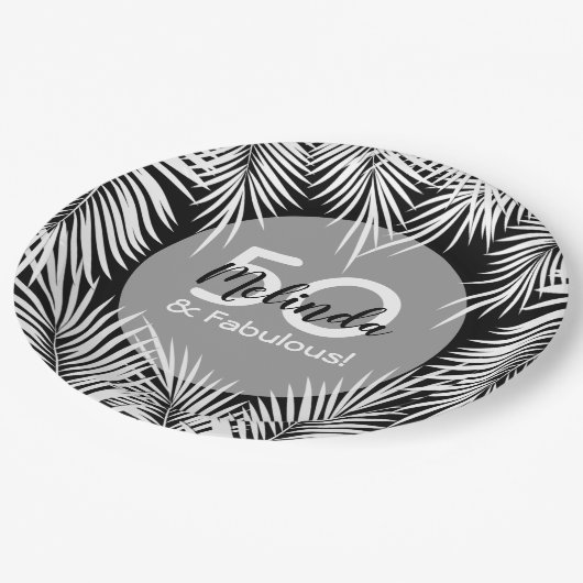 Witte palmen op zwart tropisch papieren bordje (Gekanteld)