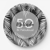 Witte palmen op zwart tropisch papieren bordje (Voorkant)