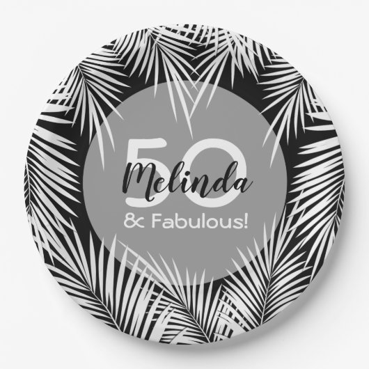 Witte palmen op zwart tropisch papieren bordje (Voorkant)