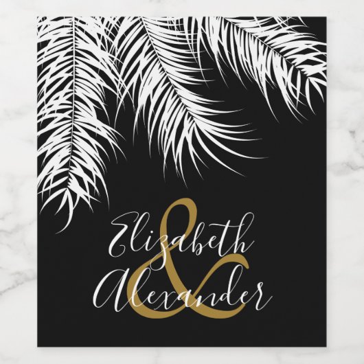 Witte Palms Fronds on Black Wijn Etiket (Enkel label)