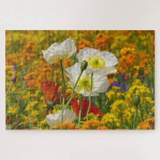 Witte papaver die rond de kleurrijke bloemen groei legpuzzel (Horizontaal)