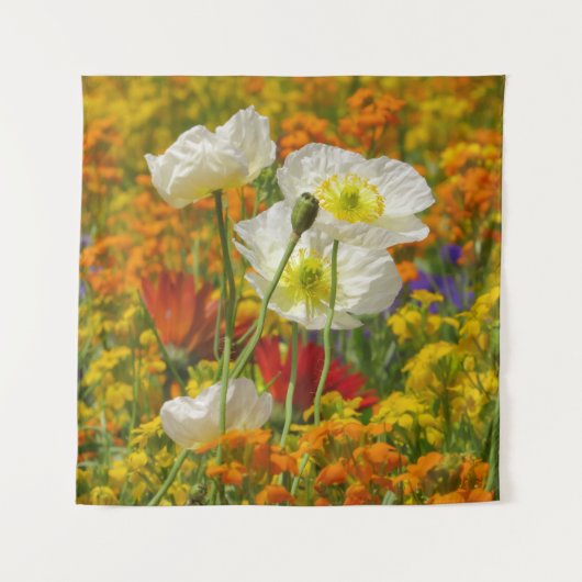 Witte papaver die rond de kleurrijke bloemen groei wandkleed (Voorkant (horizontaal))