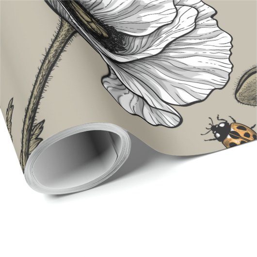 Witte papaver en ladybugs cadeaupapier (Rol Hoek)