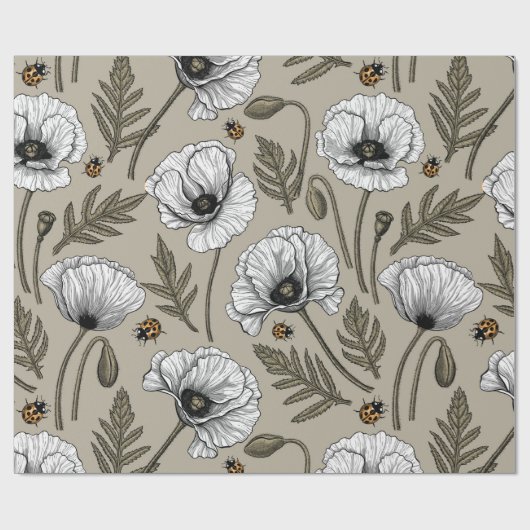 Witte papaver en ladybugs cadeaupapier (Vlak)
