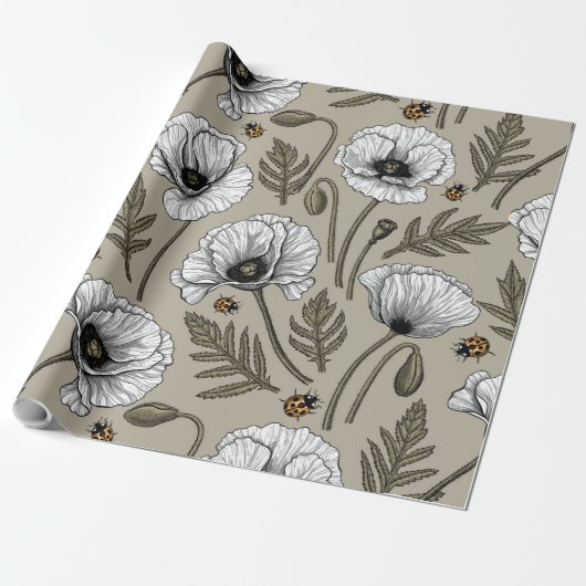 Witte papaver en ladybugs cadeaupapier (Uitgerold)