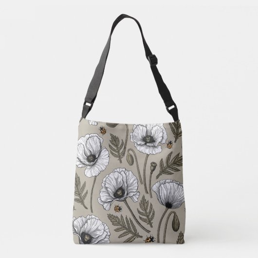 Witte papaver en ladybugs crossbody tas (Achterkant)