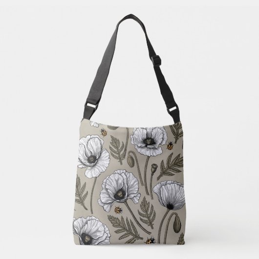 Witte papaver en ladybugs crossbody tas (Voorkant)