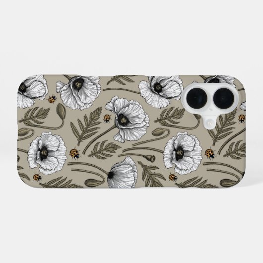 Witte papaver en ladybugs iPhone 16 hoesje (Achterkant horizontaal)