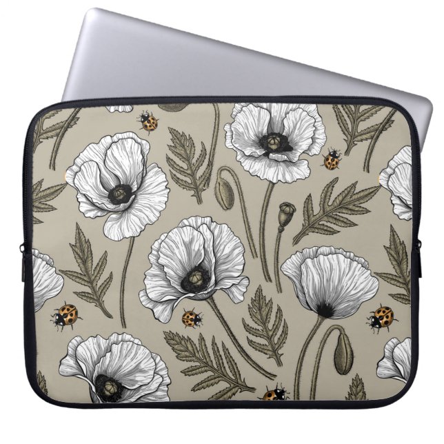 Witte papaver en ladybugs laptop sleeve (Voorkant)