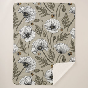 Witte papaver en ladybugs sherpa deken