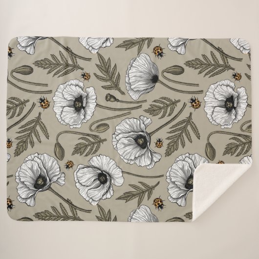 Witte papaver en ladybugs sherpa deken (Voorkant (horizontaal))