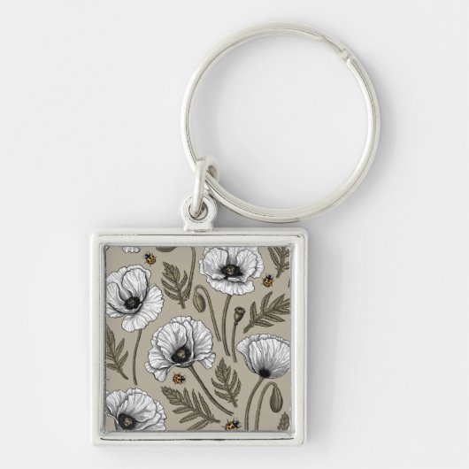 Witte papaver en ladybugs sleutelhanger (Voorkant)