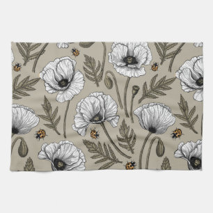 Witte papaver en ladybugs theedoek